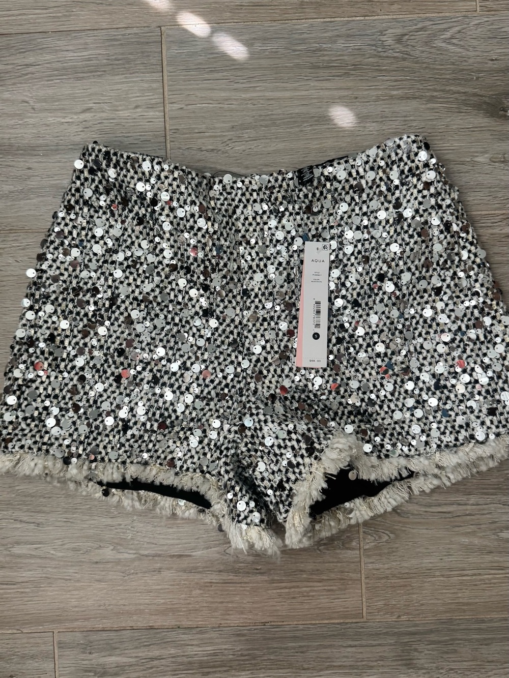 NWT Aqua brand Silver Sequin Fringe Hem High Waist Shorts